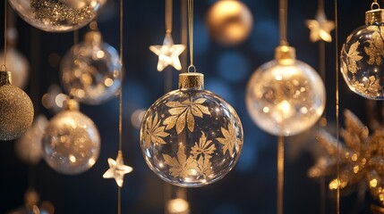84.A close-up of intricate gold Christmas ornaments, including glass baubles with gold leaf patterns, hanging stars, and golden ribbons, set against a rich dark blue background with soft ambient