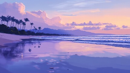 Fototapeta premium 60.A panoramic view of Makena Beach at dawn, with soft pink and lavender hues in the sky, calm ocean waves reflecting the early morning light, and a line of palm trees silhouetted against the horizon.