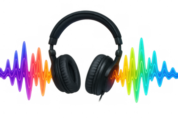 Headphones with rainbow sound waves in vibrant colors, listening to music or broadcasting audio concepts
