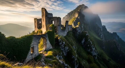 Obraz premium Castle ruins mountain peak landscape sky clouds tourism travel architecture history ancient building hilltop