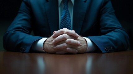 Obraz premium Business executive with hands clasped on table with power and authority concept.