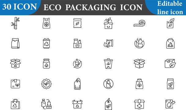 An eco packaging icon set, perfect for illustrating sustainable solutions and environmentally friendly practices in product packaging. Isolated on white background.