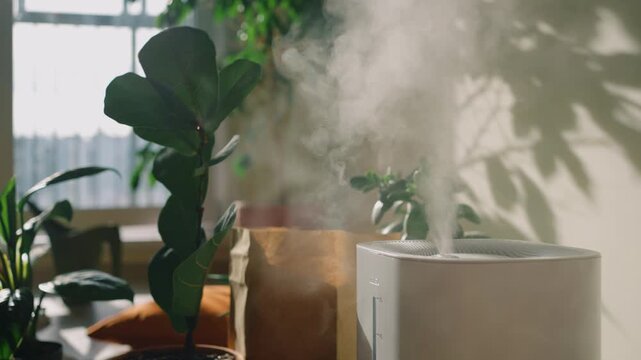 Modern electric humidifier releasing cool water vapor to moisturize the air in a sunlit room, promoting a healthy living environment and taking care of indoor plants like a fiddle leaf fig