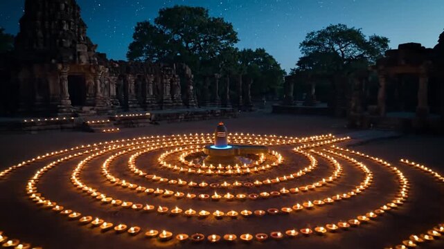 glowing shivling illuminated by diyas at night temple