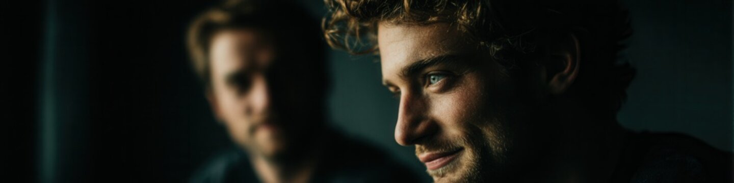 A thoughtful young professional receives mento support from his business coach in a dimly lit office setting, looking ahead with a sense of aspiration.