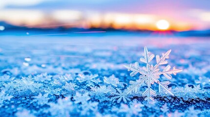 Macro snowflake and ice crystals on frozen surface with blurred warm winter sunrise background - Powered by Adobe
