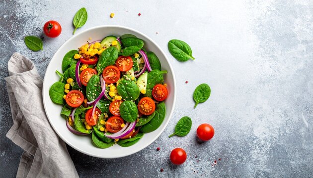 Spring vegan salad with spinach, cherry tomatoes, corn salad, baby spinach, cucumber and red onion. Healthy food concept. Gray stone table. Top view. Copy space - Powered by Adobe