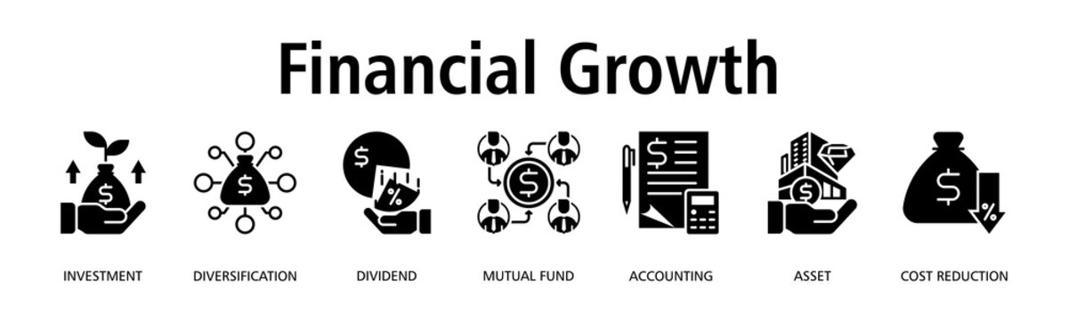 Financial Growth banner web icon vector illustration concept with icon of investment, diversification, dividend, mutual fund, accounting, asset, cost reduction
