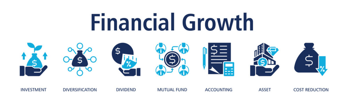 Financial Growth banner web icon vector illustration concept with icon of investment, diversification, dividend, mutual fund, accounting, asset, cost reduction
