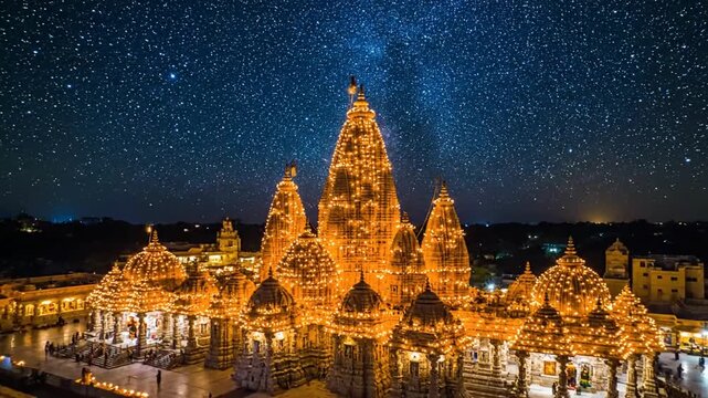 somnath temple illuminated under starry night sky