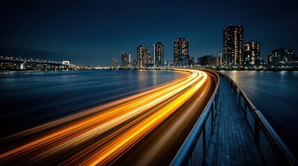 Fototapeta premium City Skyline at Night With Illuminated Buildings and Light Trails Along the Waterfront