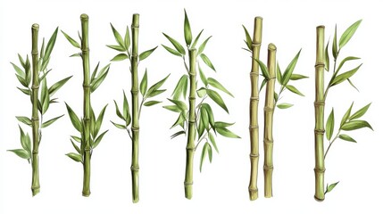Obraz premium 100.A set of vector-drawn bamboo stalks, gently swaying, in varying shades of green, creating a peaceful and nature-inspired background ideal for use in eco-friendly or Asian-themed design projects.