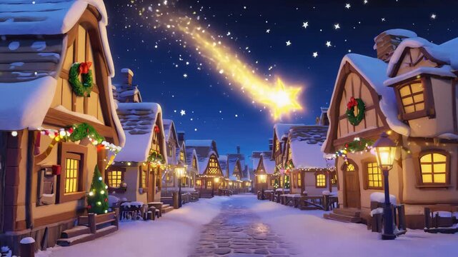 Christmas village street with a magical shooting star illuminating the snowy night scene during the festive season