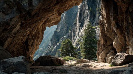 Obraz premium Serene Cave Entrance with Lush Green Surroundings and Rocky Outcrop