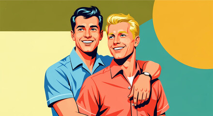 Retro pop art illustration of two smiling men embracing, in a vintage comic book style against a colorful, warm-toned background.