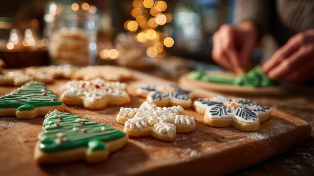 Close-up of freshly decorated Christmas cookies shaped like trees and snowflakes on wooden board, with person icing cookies in cozy festive kitchen atmosphere
