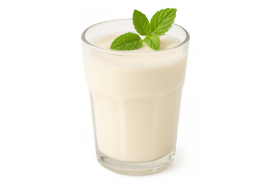Glass of refreshing lassi drink with green mint leaves, representing probiotic dairy beverage, on transparent background