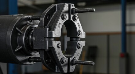 Industrial Machinery: A close-up view reveals a powerful industrial machine, showcasing its intricate metallic components and robust engineering. 