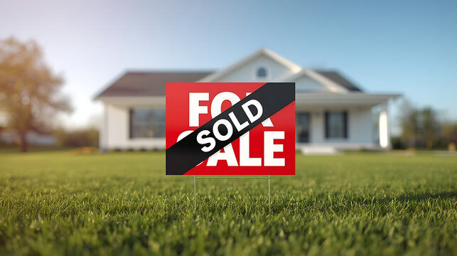 sold overlay on for sale sign in front of modern house (successful property sale with sold banner and suburban home background)