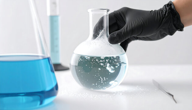 A gloved hand holding a round bottom flask with liquid in a laboratory setting. This image is suitable for science, chemistry, research or medical themes