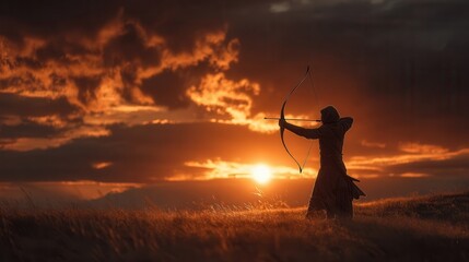 Fototapeta premium A silhouetted archer, determined and focused, aims their bow towards the glowing sunset, embodying ambition and the pursuit of dreams in a picturesque landscape.
