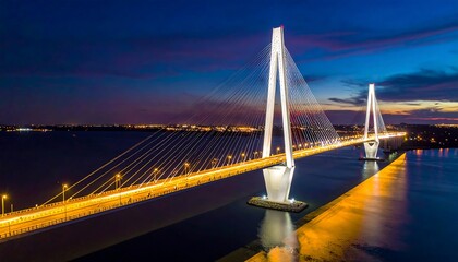 Fototapeta premium Aerial nighttime view of a cable-stayed bridge with city lights in background