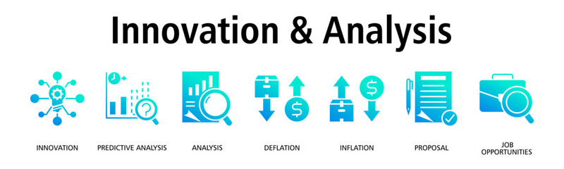 Fototapeta premium Innovation & Analysis banner web icon vector illustration concept with icon of innovation, predictive analysis, analysis, deflation, inflation, proposal 