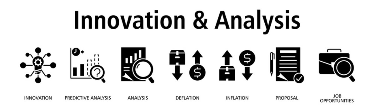 Innovation & Analysis banner web icon vector illustration concept with icon of innovation, predictive analysis, analysis, deflation, inflation, proposal
