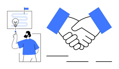 Man presenting light bulb concept on board beside large handshake representing agreement. Ideal for teamwork, partnership, cooperation, innovation, strategy, leadership, success. Simple flat metaphor