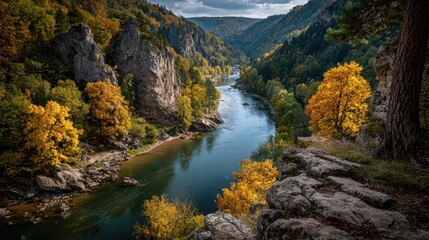 Serene Autumn Landscape with River and Colorful Foliage in Nature