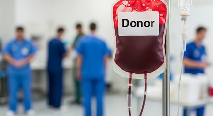 A bag of donated blood hangs from an IV stand in a hospital with medical staff blurred in the background.