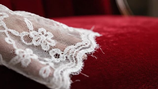 A white lace glove on a red velvet surface