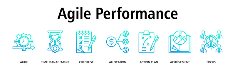 Agile Performance banner web icon vector illustration concept with icon of agile, time management, checklist, allocation, action plan, achievement, focus

