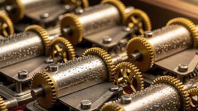 Intricate Music Box Mechanism: Golden Gears & Silver Cylinders in Motion