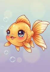 Adorable Goldfish in the depths of water: A cute and friendly goldfish swims gracefully in crystal clear water, surrounded by gentle bubbles, its vibrant scales shimmering in the light.