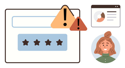 User rating panel with stars, warning alerts, profile avatar, and analytics interface. Ideal for feedback, error handling, performance, review systems, user interface online services simple flat