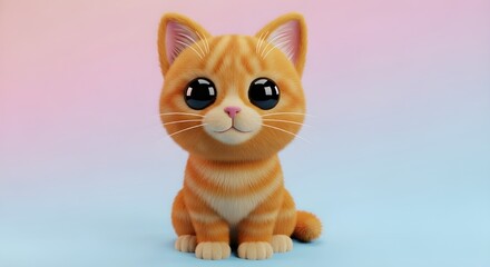 A cute 3D rendered orange tabby cat with big shiny eyes, sitting calmly on a soft pastel background. The fluffy fur and detailed lighting create a warm and charming character illustration perfect for 