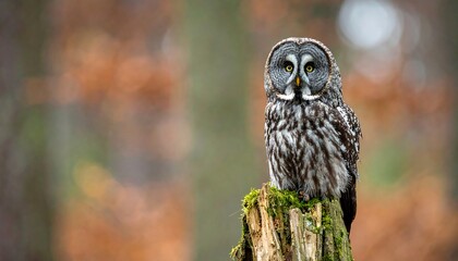Grey owl perched on stump, autumnal forest backdrop