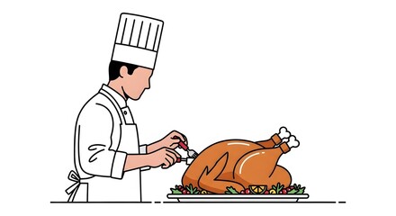 A chef carves a roasted turkey, preparing it for a holiday feast.