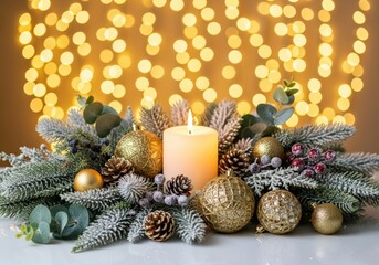 Festive Christmas centerpiece with candle, ornaments, and holiday decorations