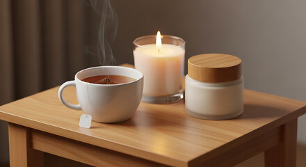 Cozy hot tea and lit candle on wooden table. Relaxing self-care moment with warm beverage and candlelight.