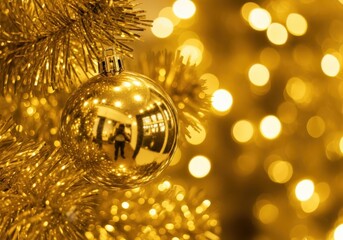 Golden Christmas ornament reflecting a person, festive holiday background