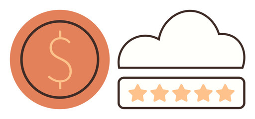 Coin with dollar sign and five-star rating beneath cloud image emphasizing financial success, quality, trust. Ideal for finance, e-commerce, review systems, reliability, cloud storage, online