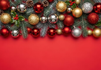 Festive Christmas ornaments and evergreen branches on a vibrant red background