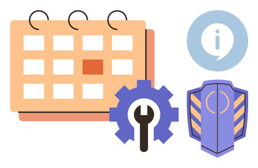 Calendar for planning, gear for settings, shield for security, and info icon for guidance. Ideal for scheduling, system maintenance, protection, planning, digital tools organization simple flat