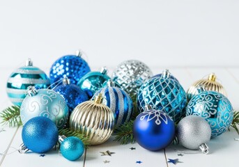 Festive Christmas ornaments in shades of blue and silver on a white wooden surface