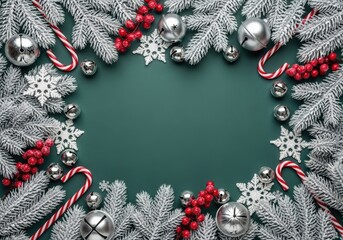 Festive Christmas background with ornaments, candy canes, and evergreen branches