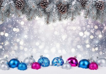 Festive Christmas ornaments and pine cones on a snowy background