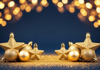 Festive Christmas decorations with gold stars and baubles on a glittery surface