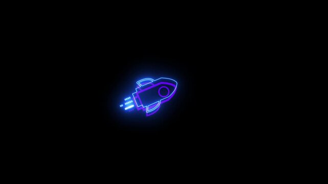 neon Rocket in flight bw animation. Flat outline style icon 4K video ,  Spacecraft startup, spaceship launch into space, shuttle in flat style .aplha channel